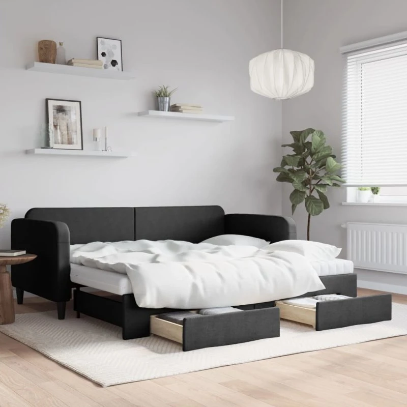 Daybed med udtræk & skuffer 80x200 stof - sort