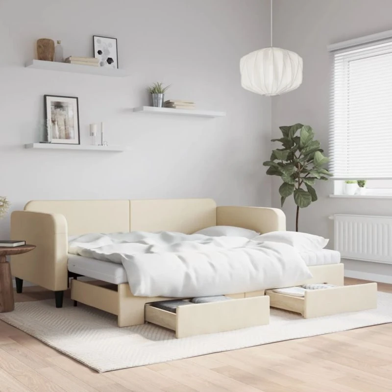 Daybed med udtræk & skuffer 90x200 cm – creme stof