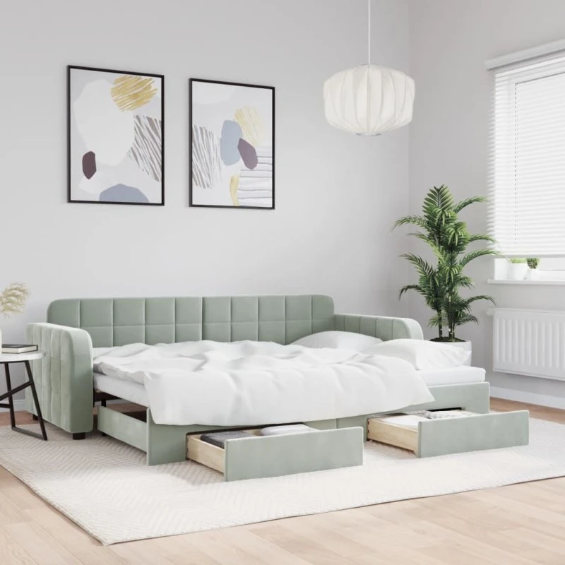 Daybed med udtræk og skuffer 80x200 cm - lysegrå velour