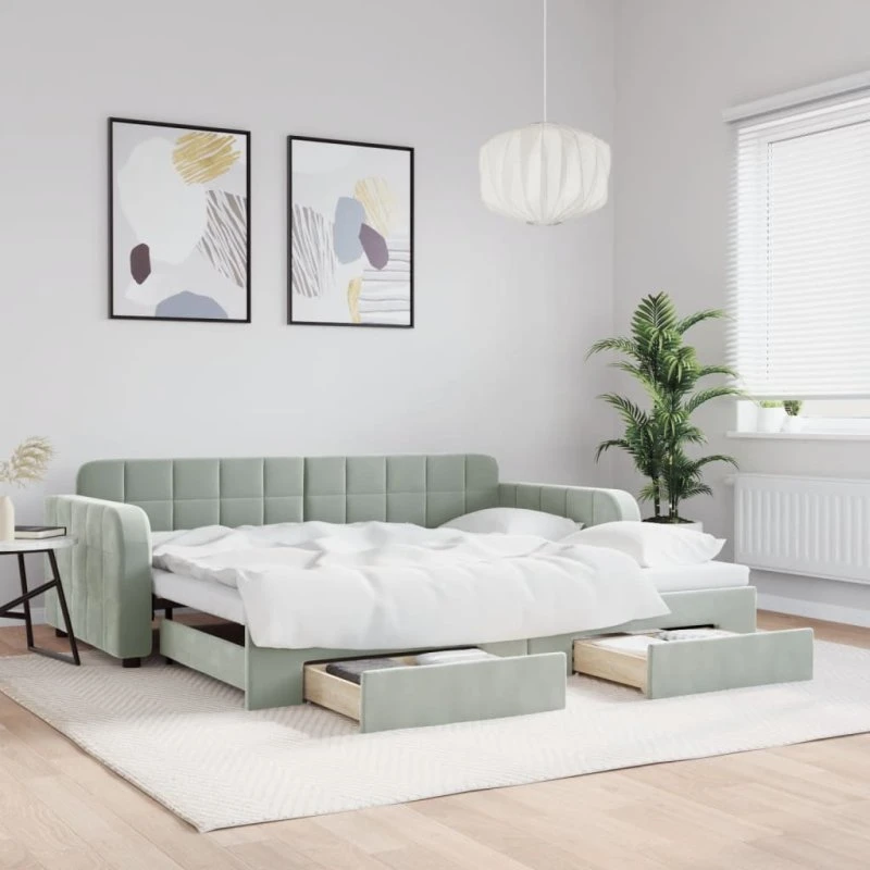 Daybed 2-i-1 med udtræk & skuffer 90x190 velour lysegrå