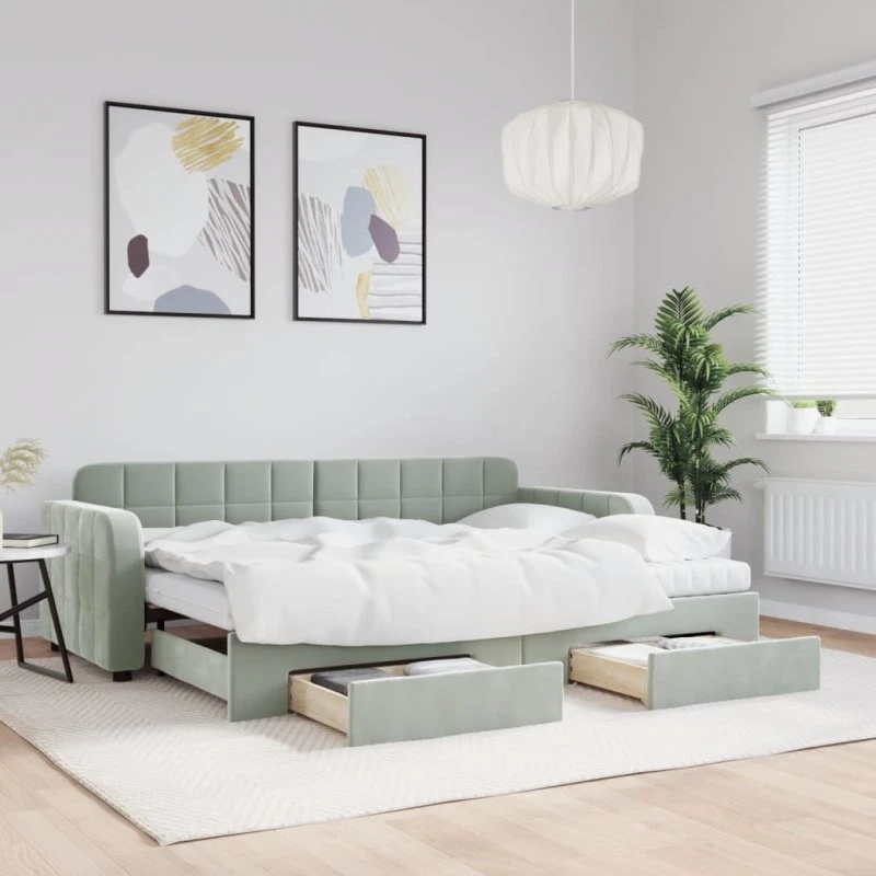 Daybed med udtræk & 2 skuffer 80x200 cm velour lysegrå