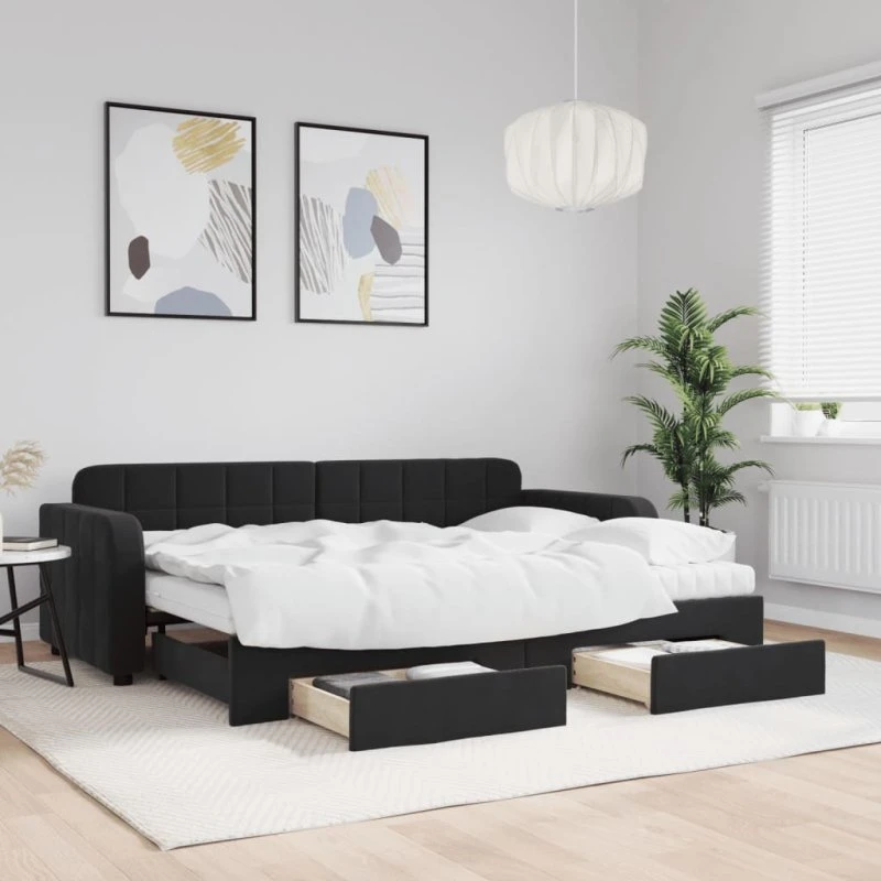 Daybed med udtræk og skuffer 80x200 cm - Sort velour