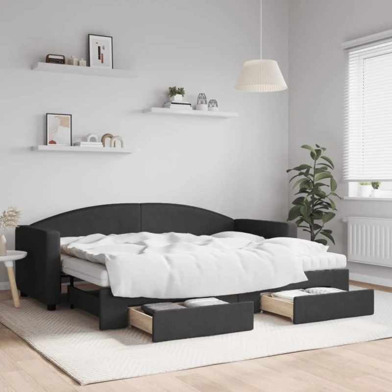 Daybed med udtræk & skuffer 80x200 cm - sort stof