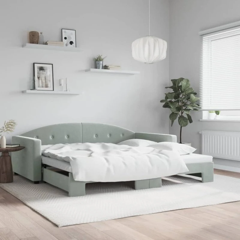 Daybed med udtræk 100x200 cm i lysegrå velour