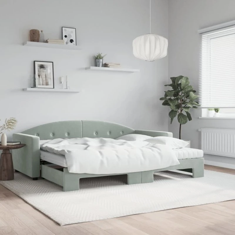 Daybed med udtræk & skummadrasser 90x200 cm - lysegrå velour