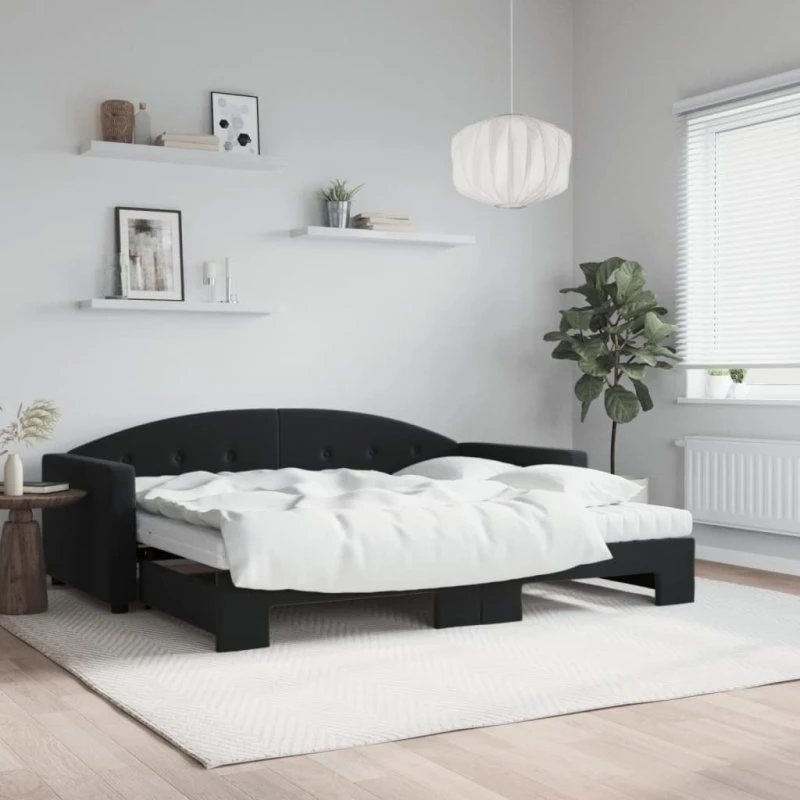 Daybed med udtræk & 2 madrasser 90x200 cm – Sort velour