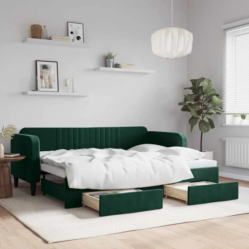 Daybed med udtræk & skuffer 80x200 cm velour mørkegrøn