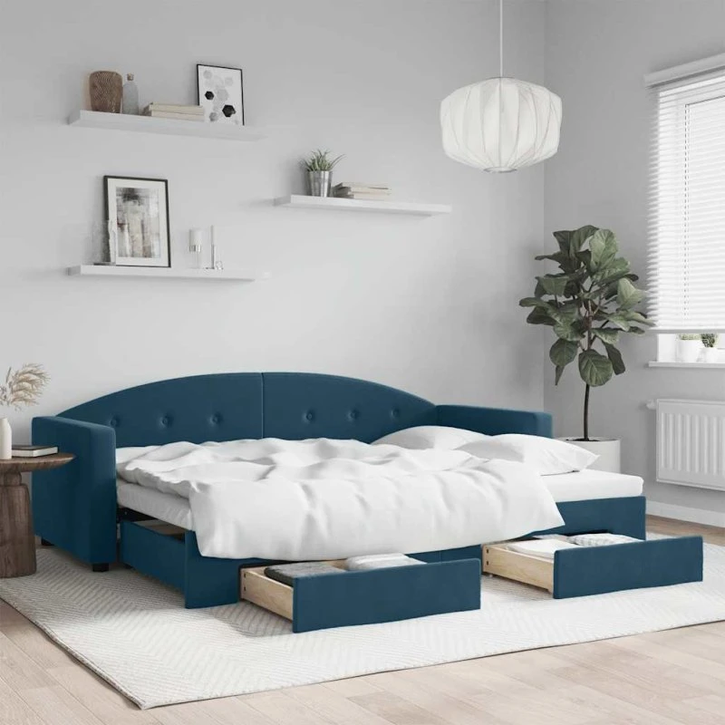 Daybed med udtræk & skuffer 80x200 cm - blå stof