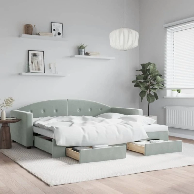 Daybed med udtræk & skuffer 90x200 cm velour lysegrå