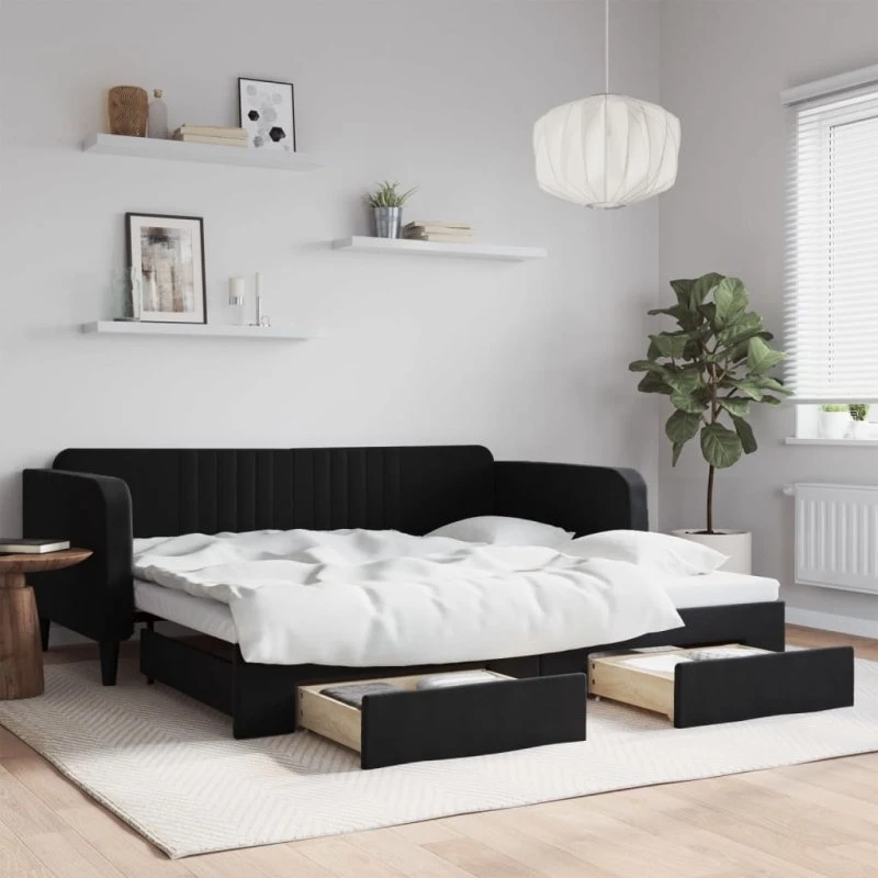 Daybed med udtræk og skuffer 100x200 cm - sort velour