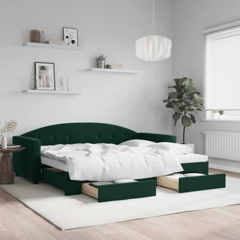Daybed 90x200 med udtræk & skuffer - mørkegrøn velour