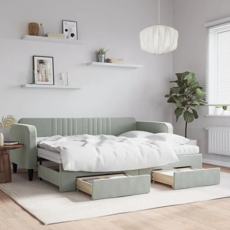 Daybed med udtræk & skuffer 80x200 cm - lysegrå velour
