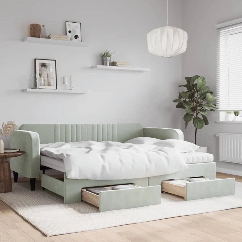 Daybed 2-i-1 med udtræk & skuffer 90x200 velour lysegrå