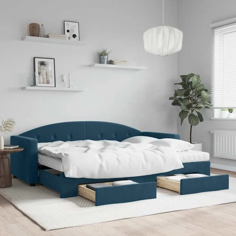 Daybed med udtræk & skuffer 80x200 cm, blå stof