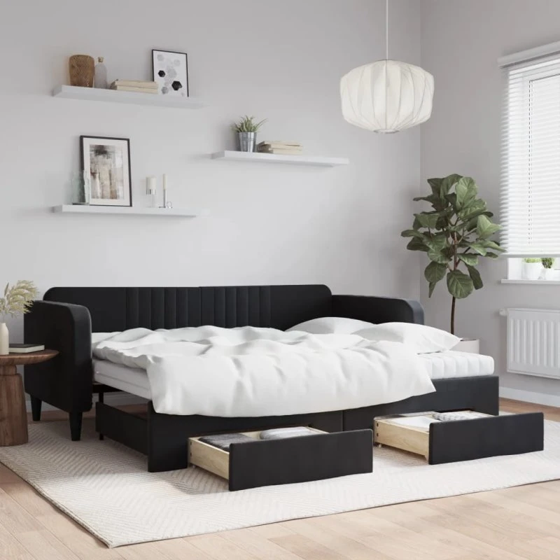 Daybed med udtræk og skuffer 90x200 cm - sort velour
