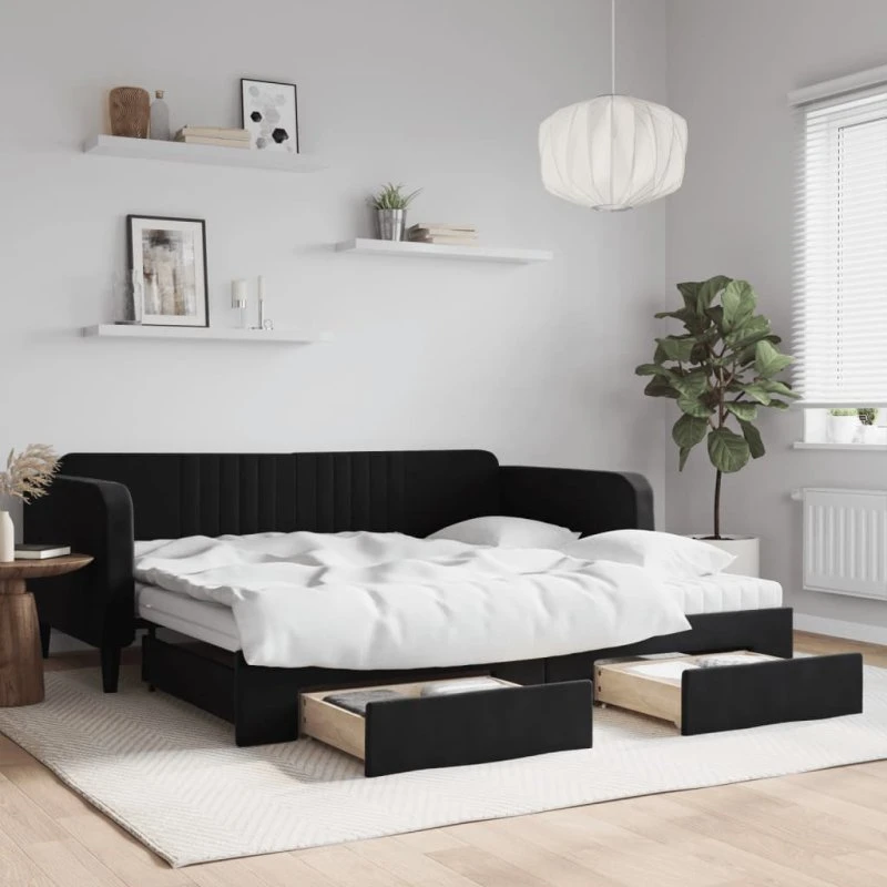 Daybed med udtræk & skuffer 100x200 cm – sort velour