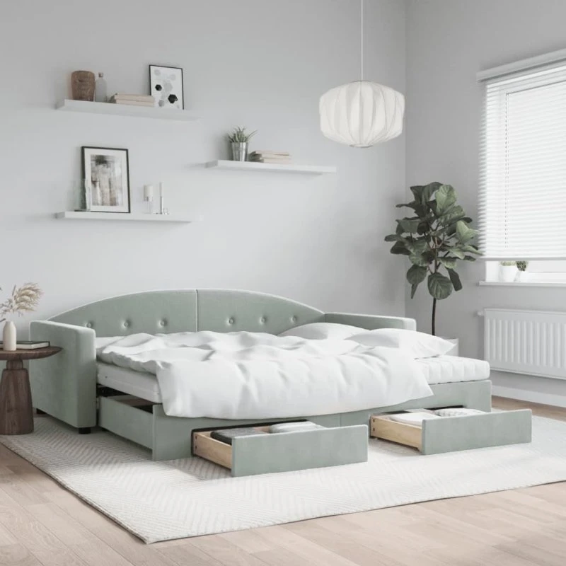 Daybed med udtræk og skuffer 90x200 cm, lysegrå velour