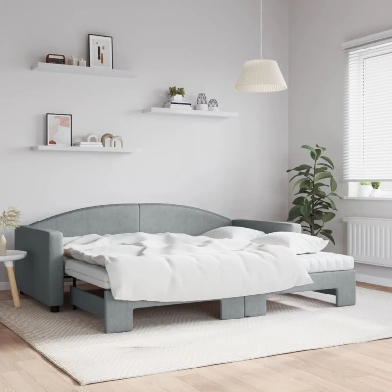 Daybed med udtræk 90x200 cm - lysegrå stof inkl. madras