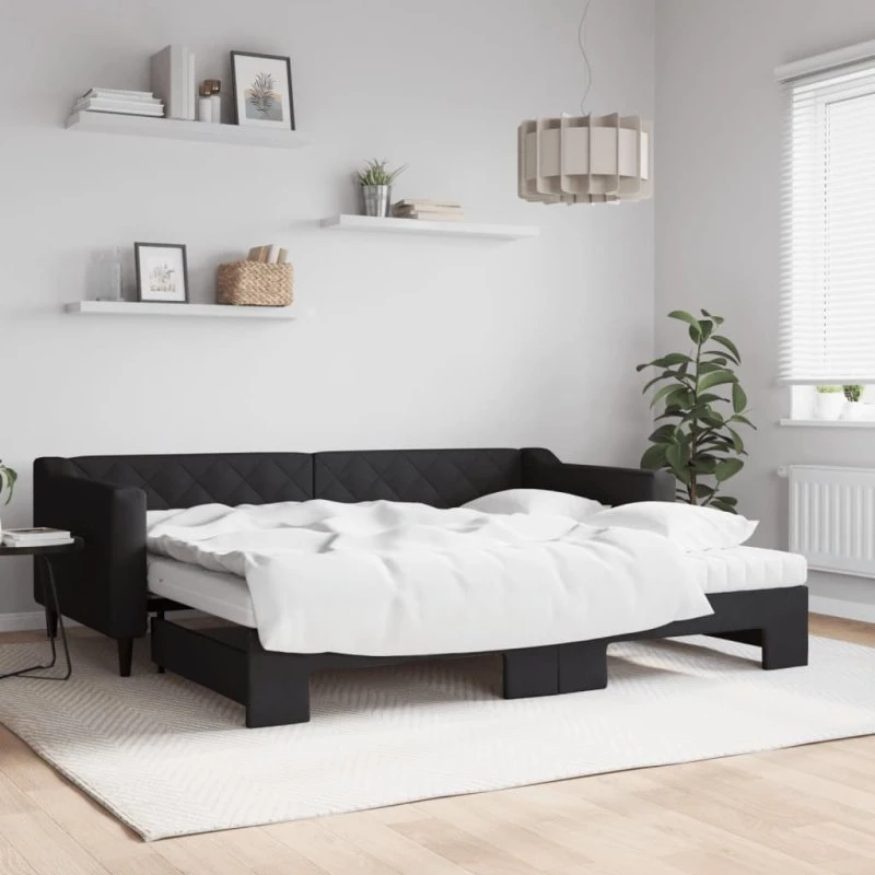Daybed med udtræk og madras 90x200 cm – sort stof