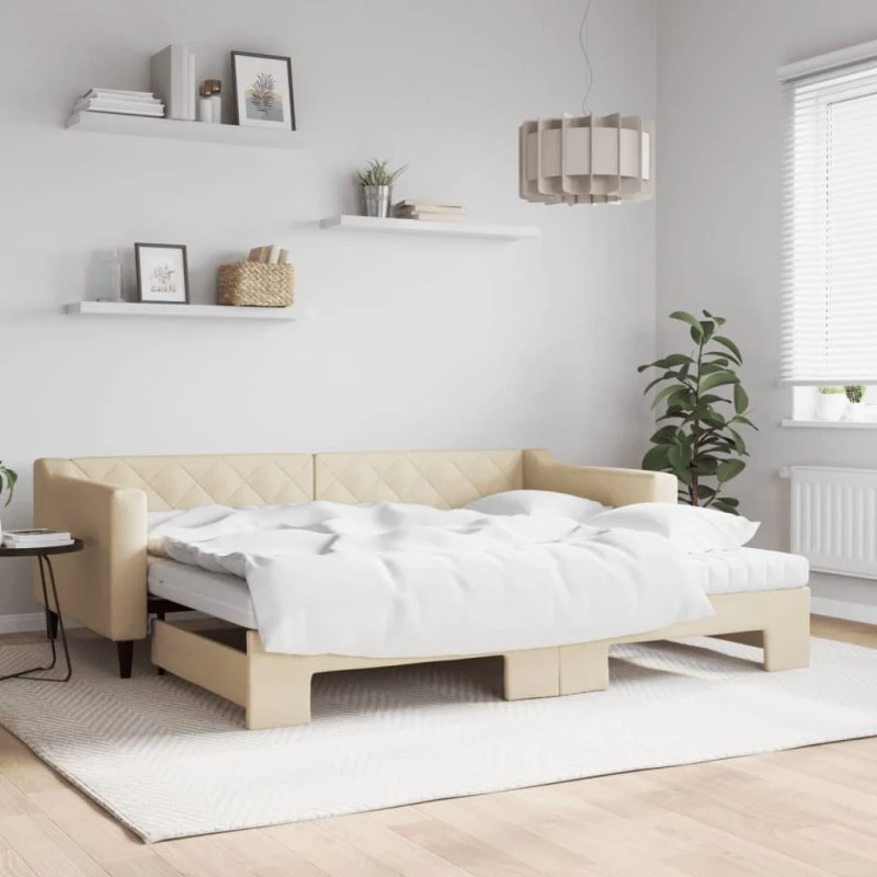 Daybed med udtræk og madras 90x200 cm - creme stof