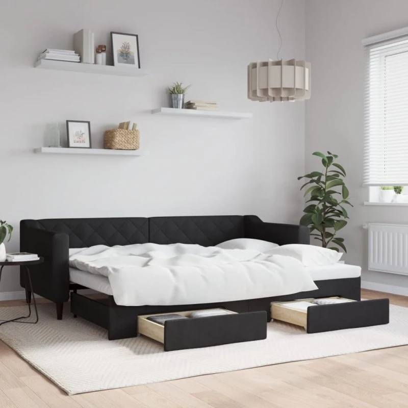 Daybed med udtræk og skuffer 80x200 – Sort stof