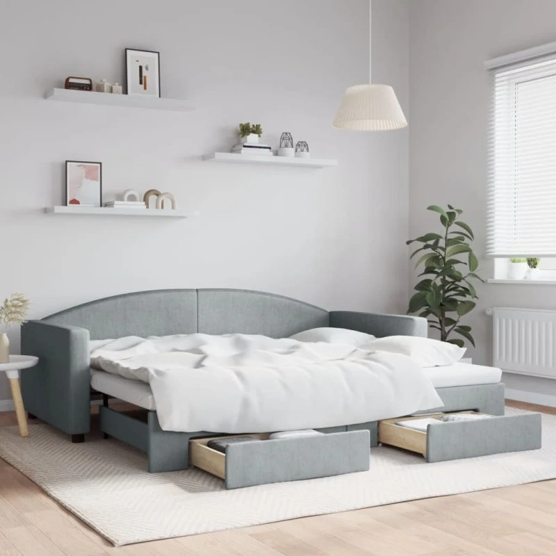 Daybed med udtræk & skuffer 90x200 stof lysegrå