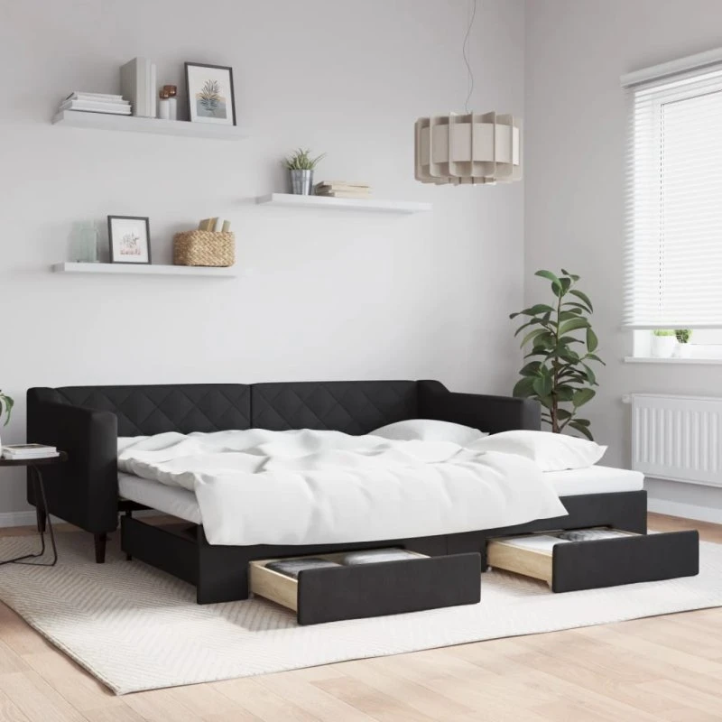 Daybed med udtræk & opbevaring 80x200 cm - Sort stof