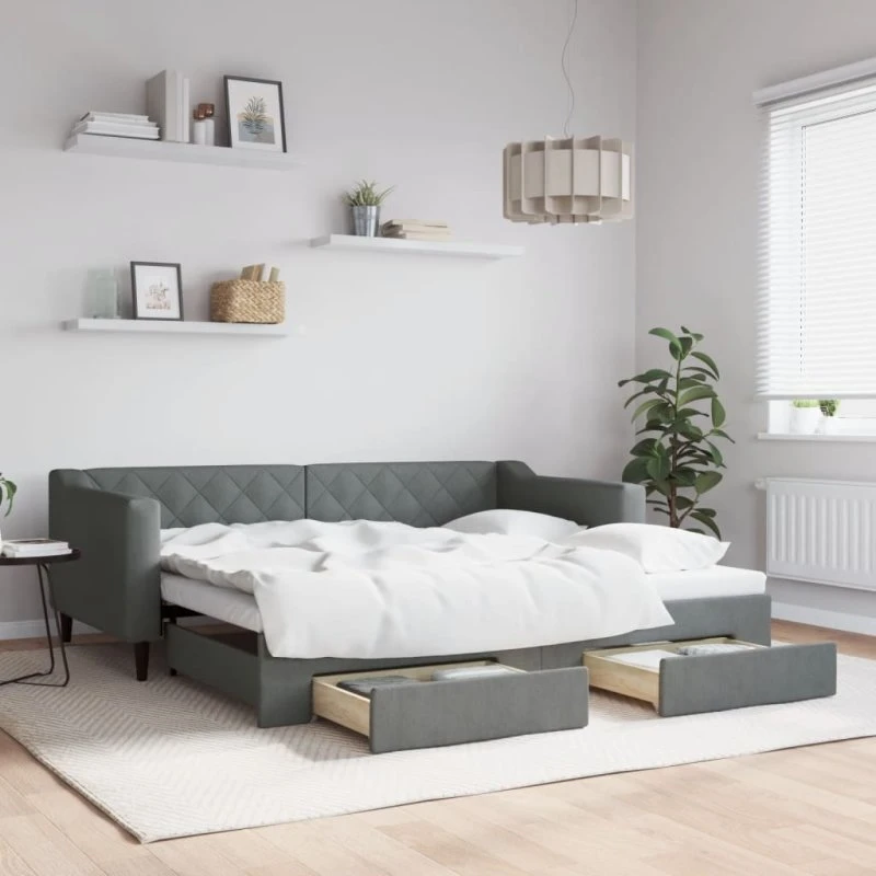 Daybed med udtræk og skuffer 90x190 cm – mørkegrå stof