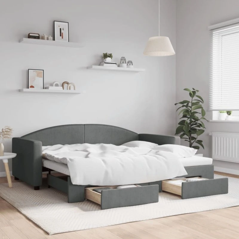 Daybed med udtræk og 2 skuffer 90x190 cm - mørkegrå stof