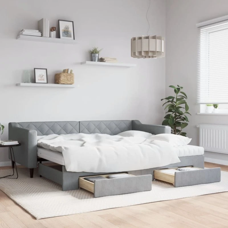 Daybed med udtræk & skuffer 90x200 cm – Lysegrå stof