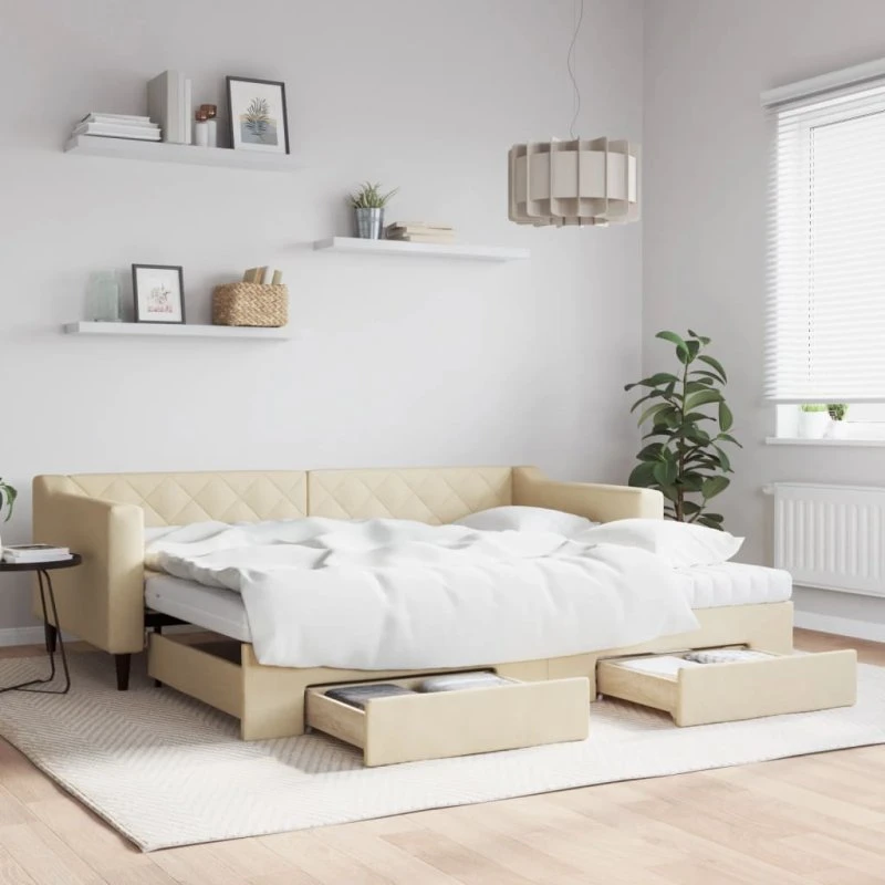 Daybed med udtræk og skuffer 90x200 cm - creme