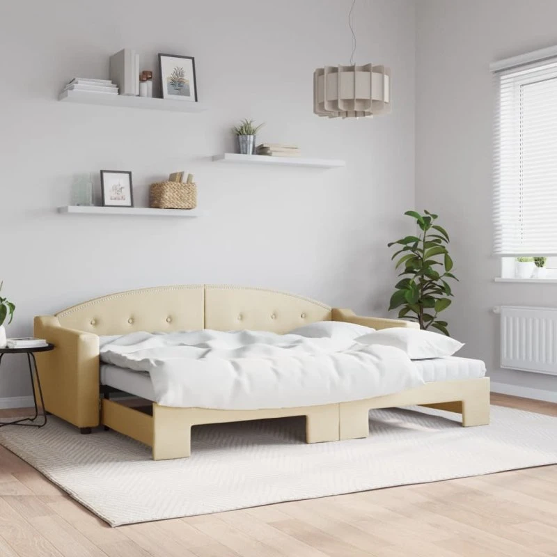 Daybed med udtræk og madras 80x200 cm - creme stof