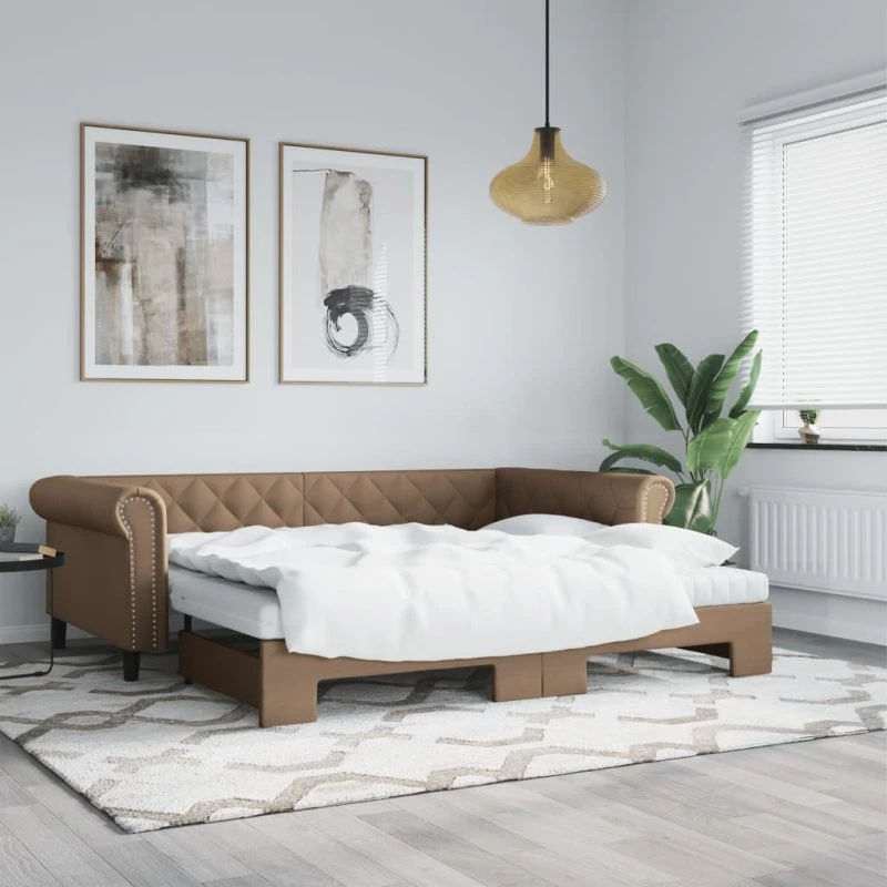 Daybed med udtræk og 2 madrasser 90x200 cm - Cappuccino