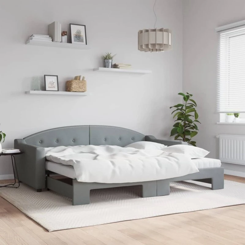 Daybed med udtræk & 2 skummadrasser 90x200 – lysegrå