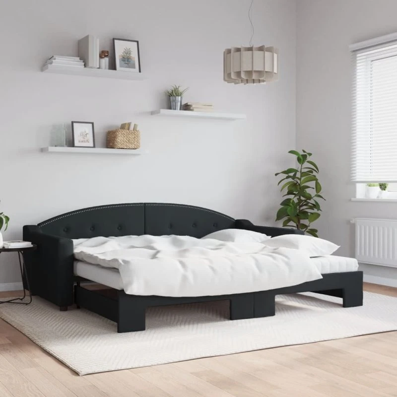 Daybed med udtræk og madras 90x200 cm – sort stof