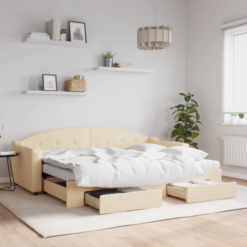 Daybed med udtræk & skuffer 80x200 cm – creme stof