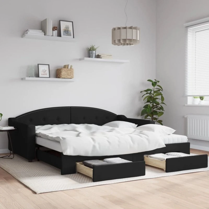 Daybed med udtræk & skuffer 100x200 cm – Sort stof
