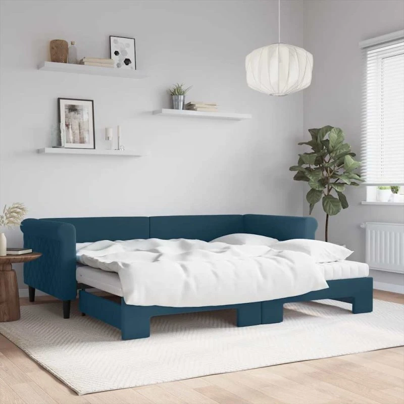 Daybed med udtræk og madras 90x200 cm - blå velour