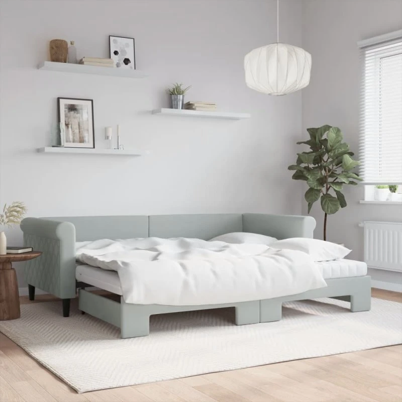 Daybed med udtræk og madras 90x200 cm – lysegrå velour