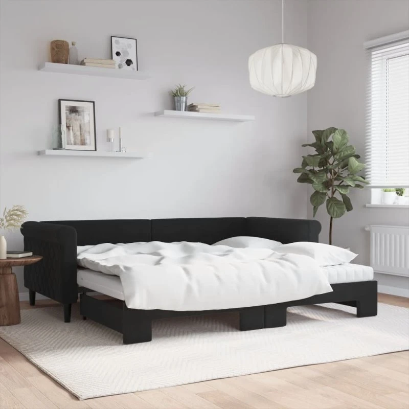 Daybed med udtræk og madras 90x200 cm - Sort velour
