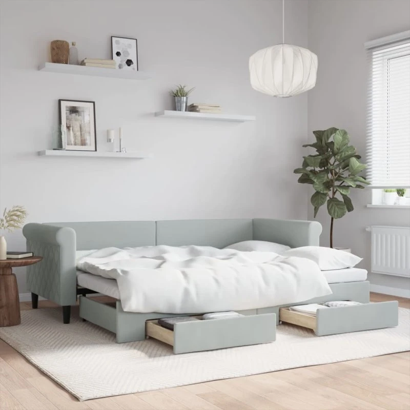 Daybed med udtræk & skuffer 80x200 velour lysegrå