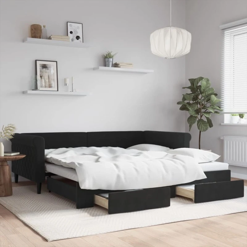 Daybed 100x200 med udtræk og skuffer – sort velour