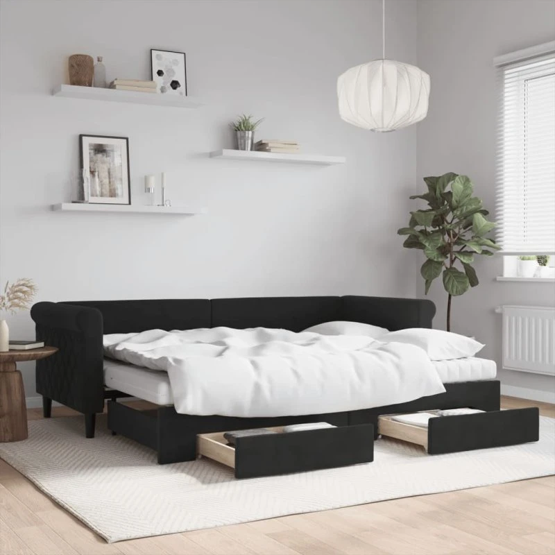 Daybed med udtræk & skuffer 80x200 cm velour, sort