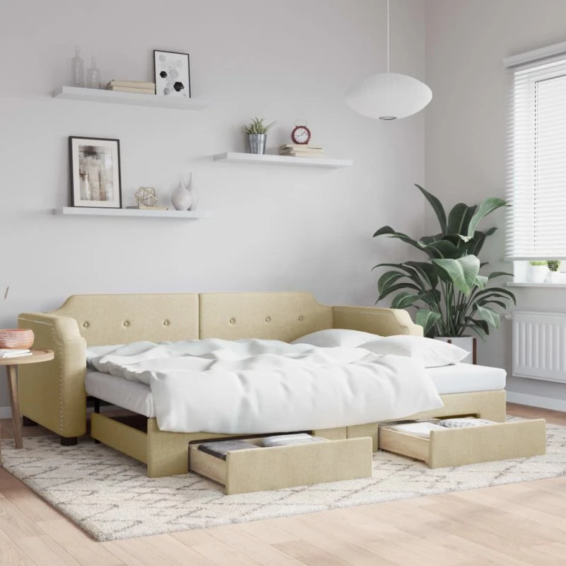 Daybed med udtræk & skuffer 90x200 cm - creme