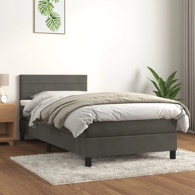 Kontinentalseng 90x200 cm i mørkegrå fløjl med pocketmadras