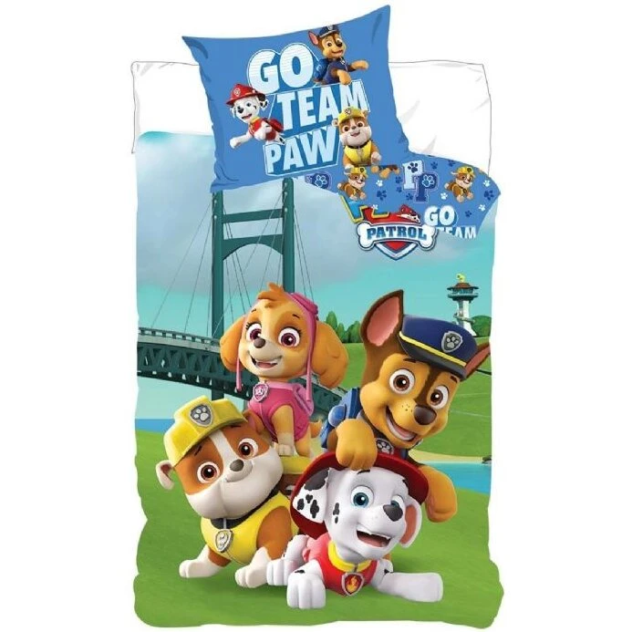 Paw Patrol 2-i-1 sengetøj 140x200 cm - Go Team Paw, 100% bomuld