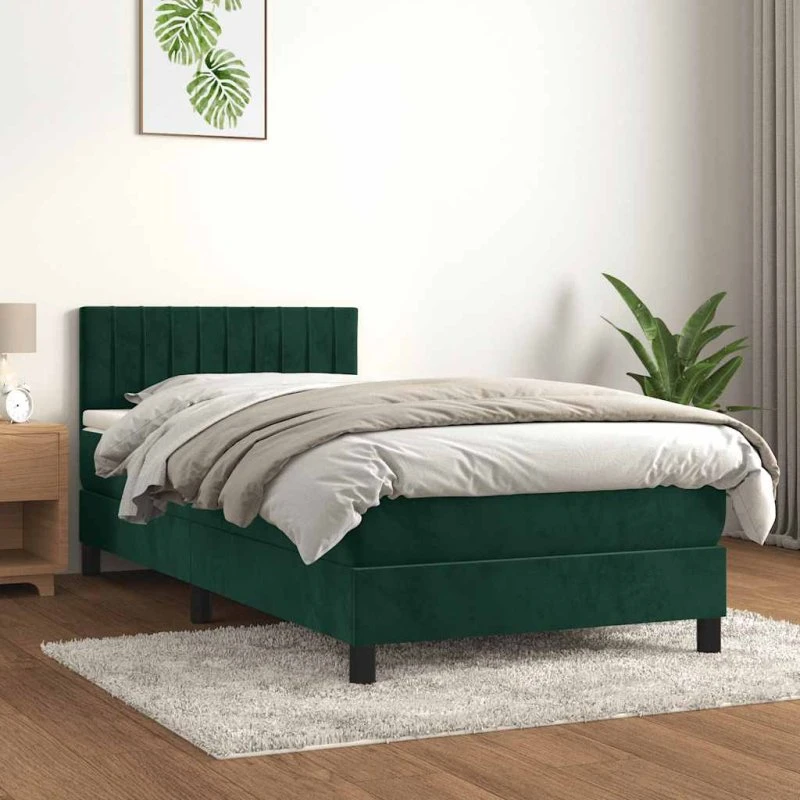 Kontinentalseng 90x190 cm mørkegrøn fløjl med pocketmadras
