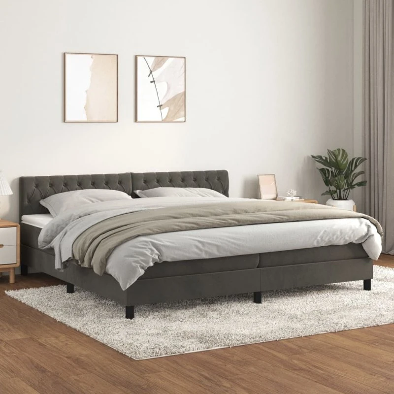 Kontinentalseng 200x200 cm i mørkegrå fløjl med madras