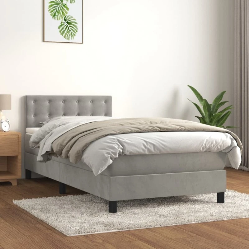 Kontinentalseng 80x200 cm i lysegrå fløjl med pocketmadras