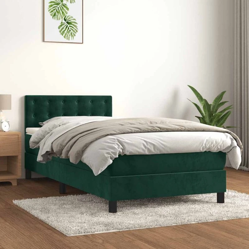 Kontinentalseng 80x200 cm fløjl mørkegrøn med pocketmadras